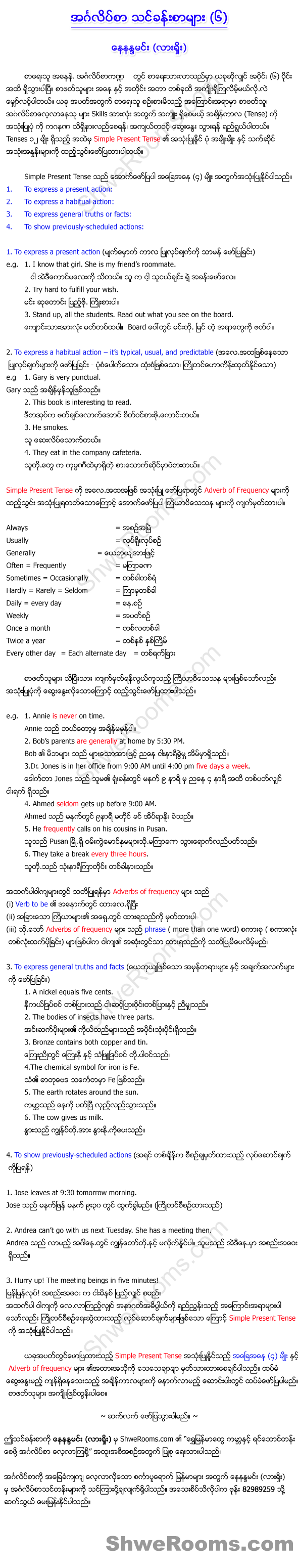 Lesson 20: English Language - 4 Skills (Part 6).  In this English lesson, Sayar Nay Nanda Minn explains about the "usage of Simple Present Tense" under four conditions. He explains it using numerous examples. He also elaborates on the usage of "Adverb of Frequency". Learn the lesson, and it will surely be useful for your command of English.