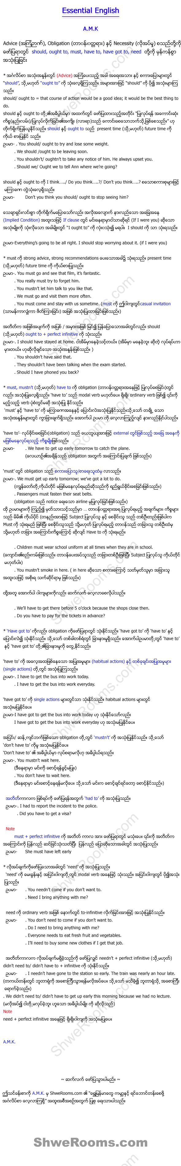 Lesson 29: Essential English. This lesson is written by A.M.K. He clarifies the right usage of "should, ought to, must, have to, have got to and need". To know the right usage of these verbs are very essential in order to demonstrate "advice, obligation and necessity".