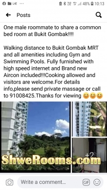 One male roommate to share a common bed room at Bukit Gombak