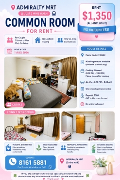 Looking for Couple/2Females/2Males To Share Common Room $1350 @Blk 649 Woodlands Ring Rd